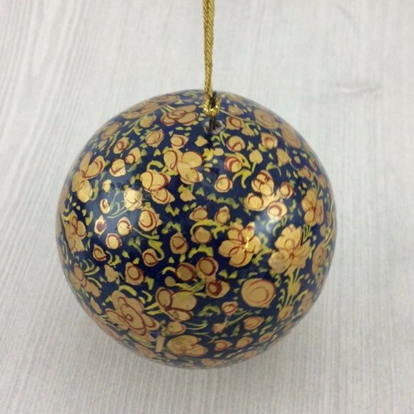 2 Blue Gold Handmade Paper Mache Christmas Balls Made in India DAMAGED - Picture 7 of 12